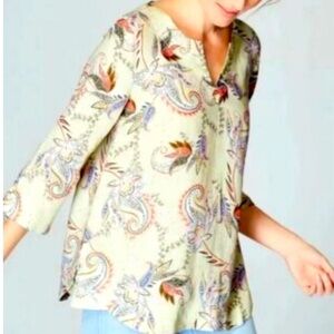 J. Jill | Love Linen | Floral Paisley Light Zest Midsummer Tie Sleeve Blouse